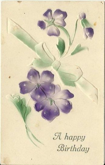 Purple Violets Heavily Embossed Air Brushed around 1910 Happy Birthday Vintage