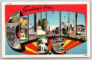 Columbia SC~Red & Blue Background~Large Letter Vintage Linen Postcard