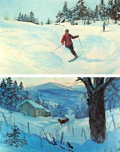 2~Postcards Artist LORAN PERCY Skiing In New England~Skiers & Heading Home~Snowy