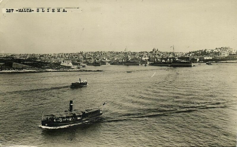 malta, SLIEMA, Harbour Scene, Cruisers (1932) RPPC Postcard 