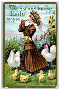 c1910's Easter Woman Feather Hat Chicks Chicken Sunflowers Embossed Postcard