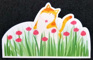 [AG] P378 Cat Painting Drawing Pet Cartoon Flower (postcard) *odd shape *New