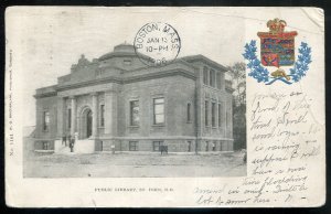 h2948 - ST. JOHN NB Postcard 1906 Public Library. Patriotic Crest Heraldic