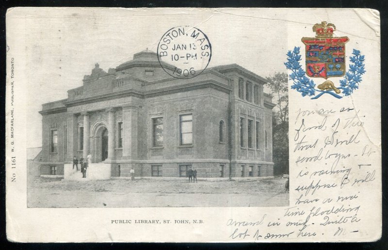 h2948 - ST. JOHN NB Postcard 1906 Public Library. Patriotic Crest Heraldic