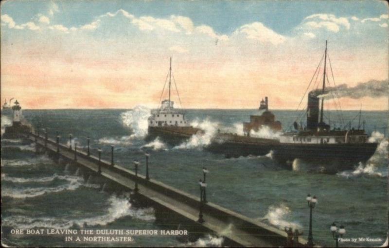 Ore Steamer Boat Leaving Duluth Superior - Lighthouses c1910 Postcard