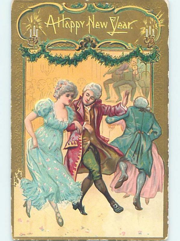 Pre-Linen new year risque BUSTY WOMAN DANCES WITH COLONIAL ERA MAN HL1360
