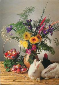Hungary Easter bunnies eggs rabbits flowers vase postcard