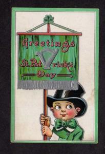 Greetings St Patrick's Day Banner Pennant Postcard Boy Top Hat Bow Tie