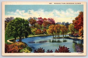 Waukegan Illinois~Roosevelt Park In Autumn~Lake~Teich 1937 Linen Postcard