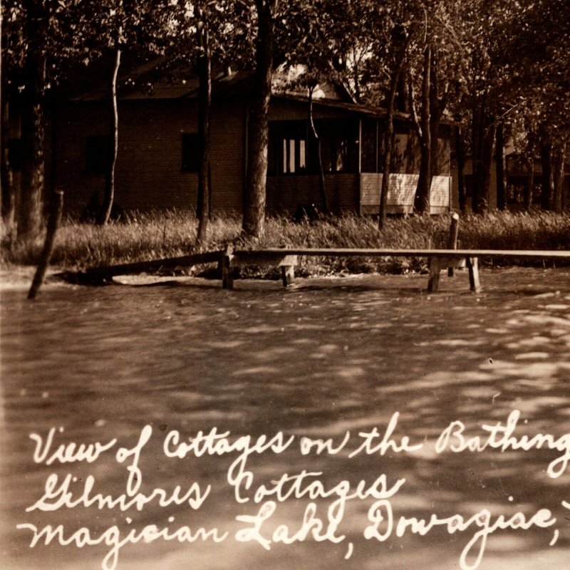 c1924 RPPC Cottages Bathing Beach Gilmores Cottages Magician Lake Dowagiac MI 