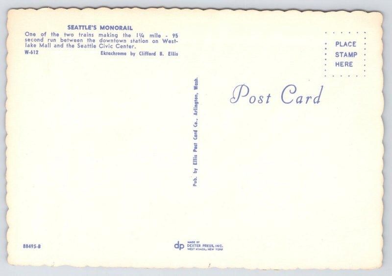 Seattle Washington~Space Needle & Monorail~Classic Cars~Continental Postcard 