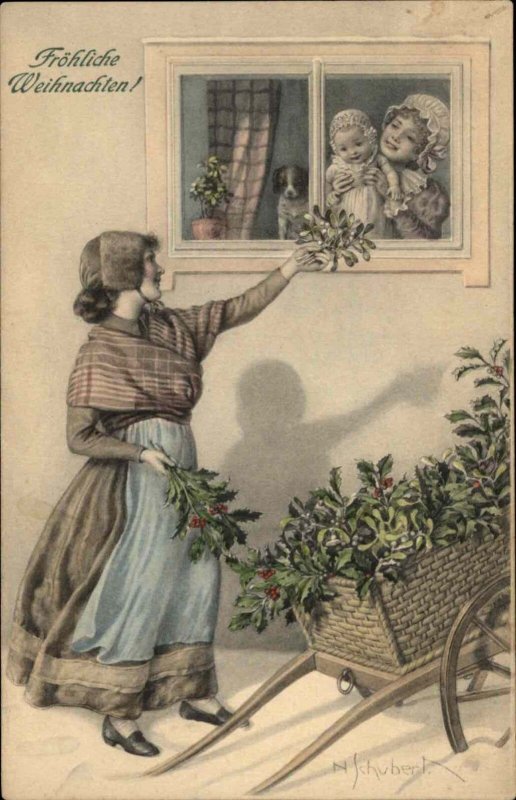 Schubert Christmas Children Look at Mother Through Window c1910 Postcard