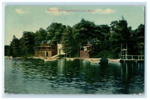1911 View Of Camp At Sluice Pond Boat Lynn Massachusetts MA Antique Postcard 