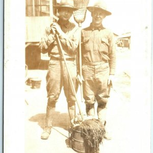 c1920s Soldiers Cleaning RPPC Mop Broom Real Photo Postcard Army Fort Guard A27