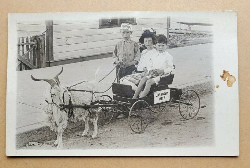1917 RPPC Postcard Lewistown Kids goat Pulled cart Star Clothing Co Ad 