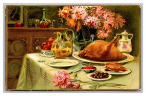 Vintage 1909 Tuck's Thanksgiving Postcard Dining Table with Meal & Giant Turkey