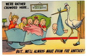 Vintage 1940's Comic Series Stork Delivers a Baby Color-Litho Linen Postcard