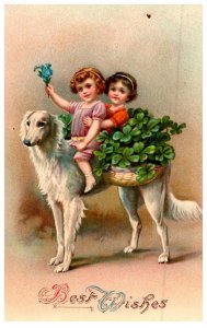 Dog , carring 2 girls with baskets of Flowers