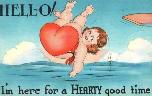 Vintage Postcard Hello I'm Here For A Hearty Good Time Comic Valentine Card 