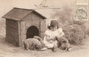 Girl caring for her puppies Lot of three (3) lovely old vintage French photo P