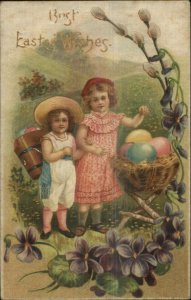 Easter Cute Little Girls w/ Eggs - Woven Silk c1910 Postcard