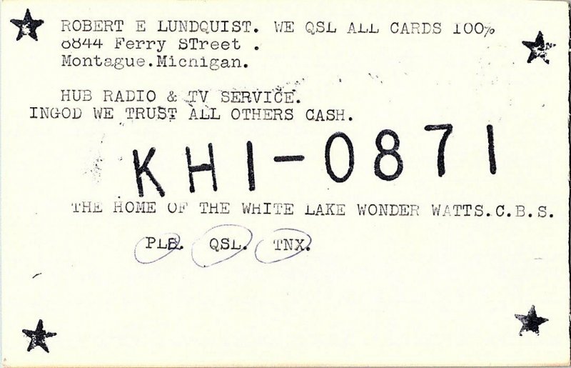 QSL Radio Card From Montague Michigan KHI-0871 