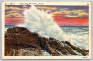 Portland Maine~Ocean Surf Waves On Casco Bay~Tichnor Vintage Linen Postcard