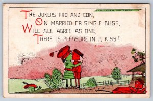 Pleasure In A Kiss, Anthropomorphic 1912 Comic Postcard, Wooden Kid Series