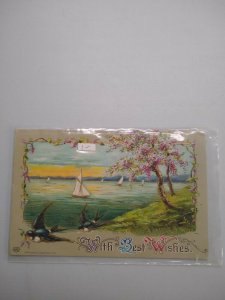 M-41040 Sailboats and Tree Art Print Greeting Card With Best Wishes