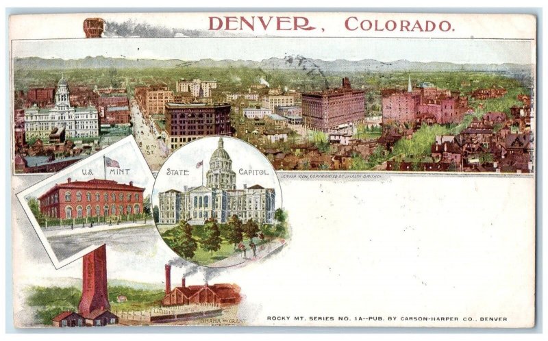 Denver Colorado CO Postcard Aerial View U. S. Mint And State Capitol View 1904