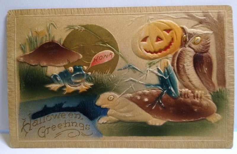 Halloween Postcard Fantasy Turtle Owl Frog Moon Goblin Honk Mushroom Pond 1911 