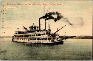 Excursion Steamer on the Mississippi River Clinton IA c1907 Vintage Postcard B64