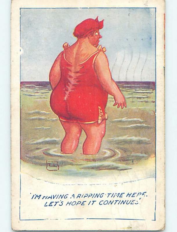 1923 risque signed WOMAN SO FAT SHE RIPS HER BATHING SUIT HL6697