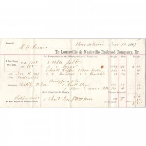 1867 Antique Billhead - LOUISVILLE & NASHVILLE RAILROAD Co - Bardstown