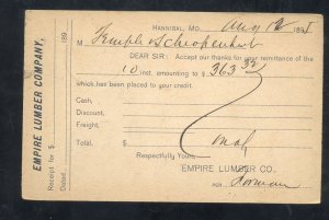 HANNIBAL MISSOURI EMPIRE LUMBER COMPANY 1891 VINTAGE POSTAL CARD POSTCARD