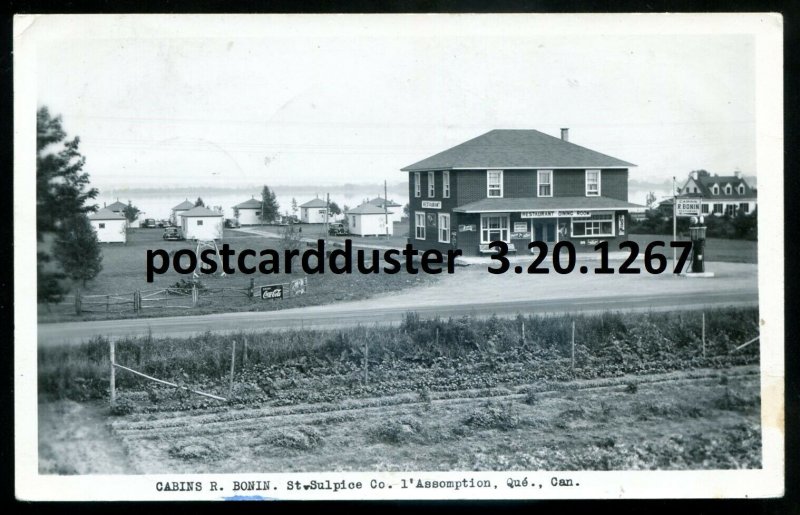 h3968- ST. SULPICE Quebec 1948 Cabins. Gas Pumps. Coca-Cola. Real Photo Postcard