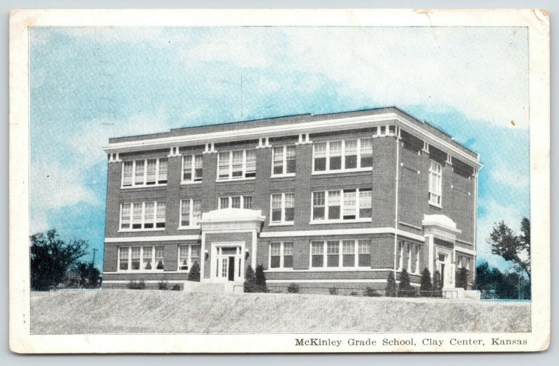 Clay Center Kansas~McKinley Grade School~Blue Sky B&W Postcard~1941 