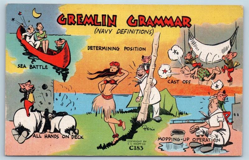 Postcard WW2 Era Humor Gremlin Grammar Navy Definitions Vintage Linen K21