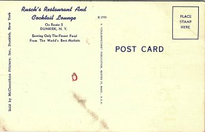 Postcard NY Dunkirk Rusch's Restaurant and Cocktail Lounge Old Cars 1940s L1