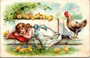 Glitter Easter Postcard Chicken and Chicks with Girl Laying Down Garden~138702