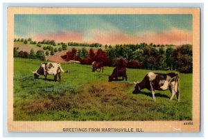 Greetings From Martinsville Illinois IL, Cows Vintage Postcard 