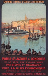 SHIPS STATE & BRIGHTON RAILWAYS LONDON PARIS ADVERTISING POSTCARD (c. 1910)