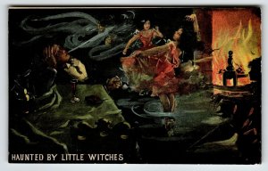 Haunted By Little Witches Postcard 1912 Spooky Halloween Fantasy Theochrom 600