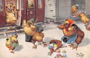 Dressed Chicks at Train Station Dropping Egg Basket Thiele Signed PC AA52477