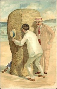 PEEPING TOM Men Spy on Woman on Beach c1910 Postcard