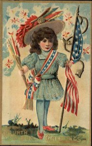 Fourth of July Patriotic Little Girl Fireworks American Flag Vintage Postcard