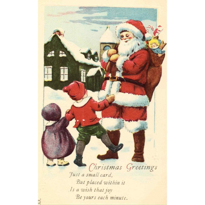 Christmas Postcard - Santa and Children with Bag of Toys