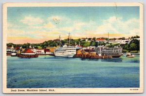 1941 Dock Scene Mackinac Island Michigan Steamboats & Sailboats Posted Postcard