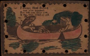 Romance Man and Woman in Canoe Real Leather Novelty c1910 Vintage Postcard