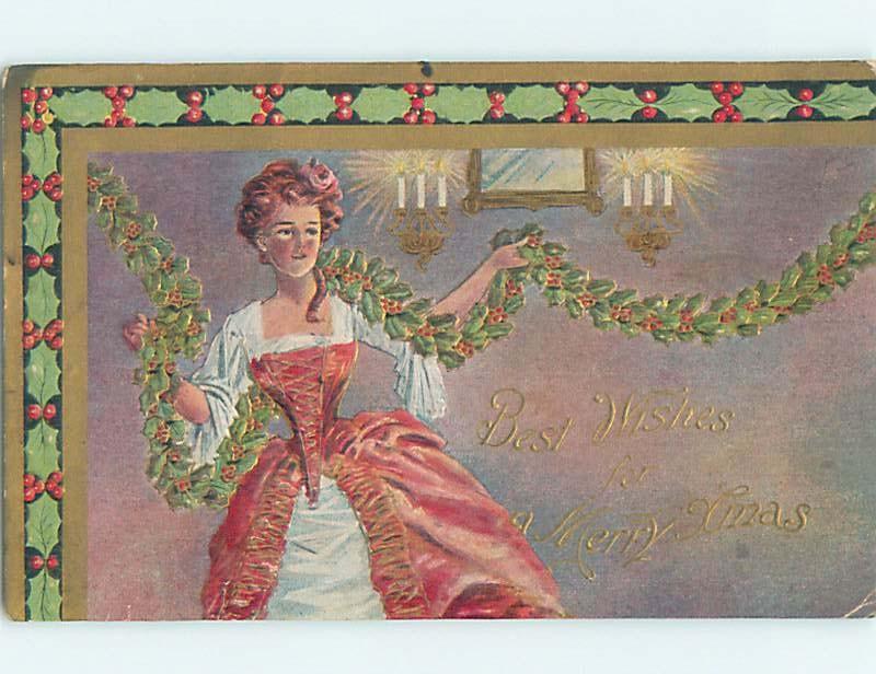 Pre-Linen Christmas PRETTY WOMAN DECORATING HOUSE WITH STRINGS OF HOLLY HL7088